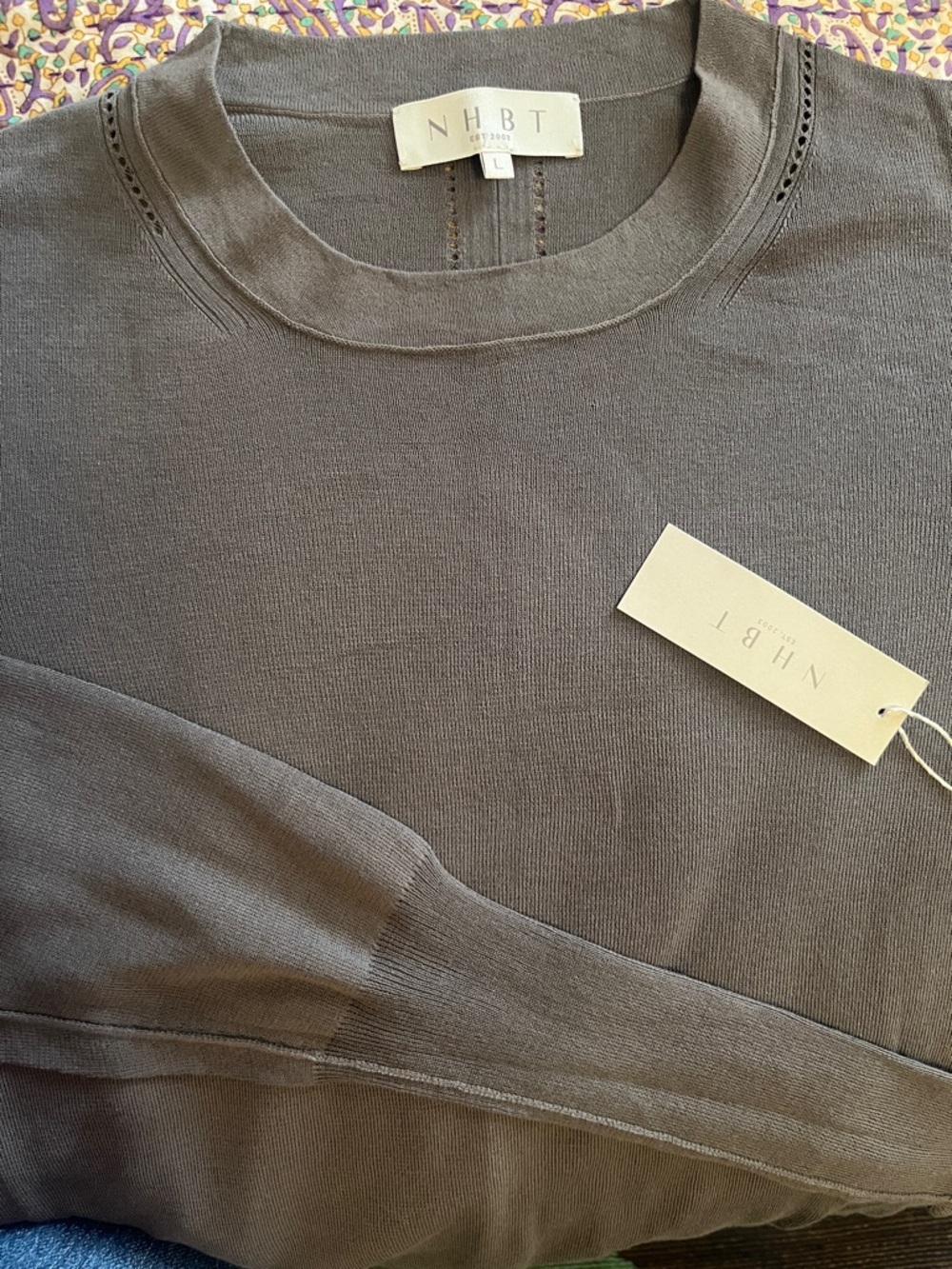 NHBT Lightweight Fine Gauge Cotton Crewneck Sweater in Khaki New